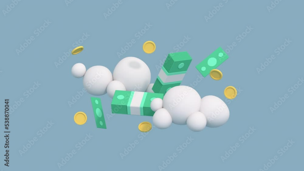 Poster minimal cartoon style money and clouds. saving and investment concept. 3d render animation