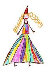 Funny princess or queen. Crayon like kid`s hand drawn fairy. Wonderland magical fantasy fairy tale dream. Colorful bright vector crayon, pastel chalk or pencil doodle scribble art