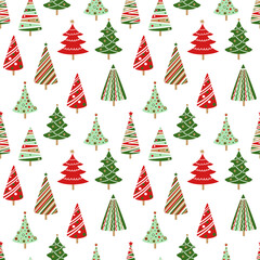 Hand drawn doodle Christmas tree pattern. Red green color cartoon style holiday trees. New year vector symbol. Simple artistic fun background. Many group silhouette decor icons set on white background
