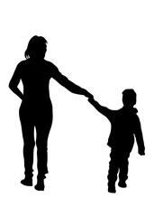 Mother and daughter walking. Silhouette people on white background