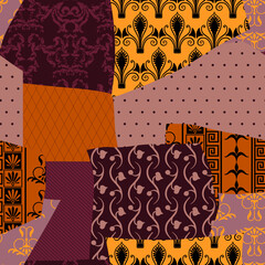 Vector abstract collage seamless pattern, wallpaper, wrapping paper or retro fabric with clippings of vintage flourish ornaments