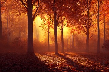 Fototapeta premium Autumn background Yellow red orange leaves and trees during autumn season with warm sunlight Beautiful nature scene 3d render