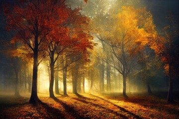 Autumn background Yellow red orange leaves and trees during autumn season with warm sunlight Beautiful nature scene 3d render