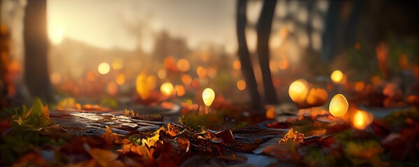 Autumn background Yellow red orange leaves and trees during autumn season with warm sunlight Beautiful nature scene 3d render - obrazy, fototapety, plakaty