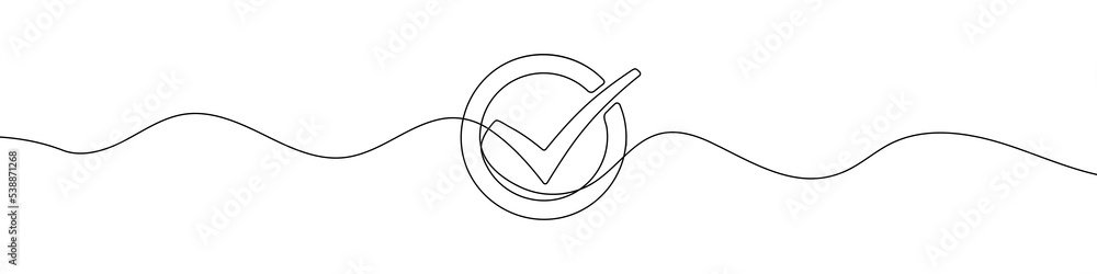 Poster continuous line drawing of check mark. tick one line icon. one line drawing background. vector illus