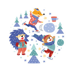 Circular illustration with cute cartoon fox, bear, hedgehog, Christmas trees.