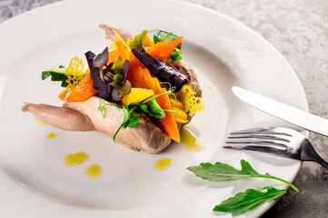 Dish of boiled quail with vegetables and herbs