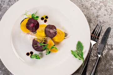 Dish of white fish with vegetables and herbs. Healthy food