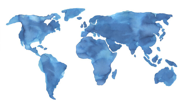 Watercolour illustration of blank World Map in beautiful blue color with artistic brush strokes. Hand painted water colour graphic drawing on white backdrop, isolated element for design, poster, card.