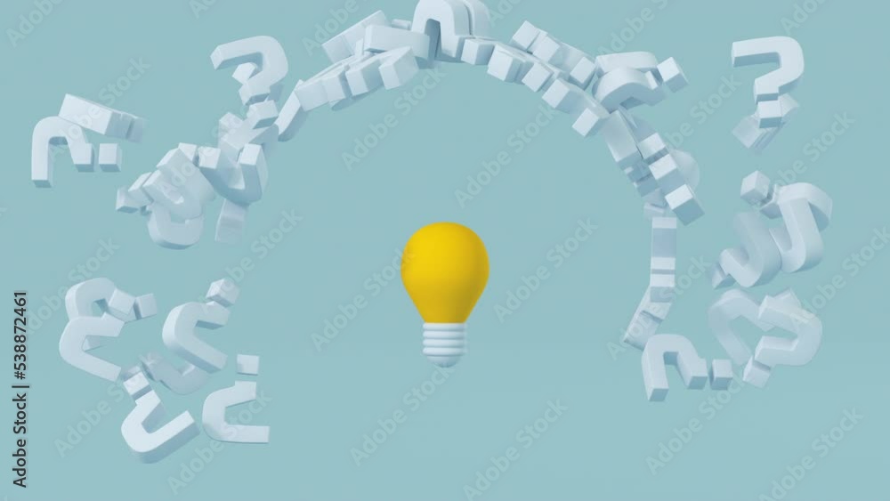 Poster light bulb among question marks as metaphor of creative solution. minimal cartoon style 3d render an