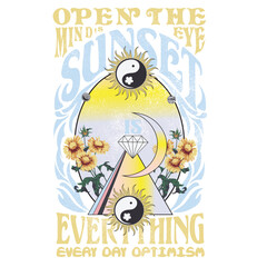 sunset is everything, open the minds eye, Cosmic Mystery slogan with mystical, Cosmic Love slogan with mystical illustration for t-shirt prints and other uses. Mystical(sun,flower) illustrations.