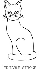 Isolated black outline cartoon sitting cat on white background. Curve lines. Page of coloring book. Editable stroke