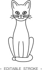 Isolated black outline cartoon sitting cat on white background. Curve lines. Page of coloring book. Editable stroke.