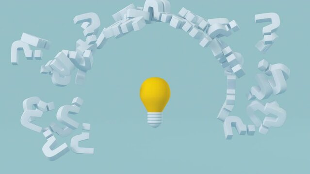 Light bulb among question marks as metaphor of creative solution. Minimal cartoon style 3D render animation