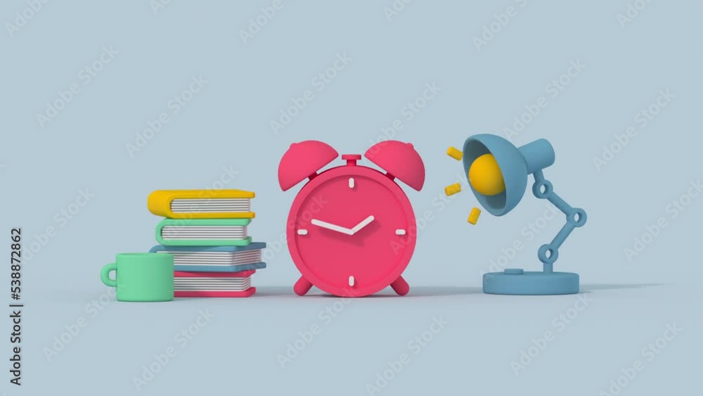 Poster minimal cartoony books and clock. reading and work concept. 3d render animation