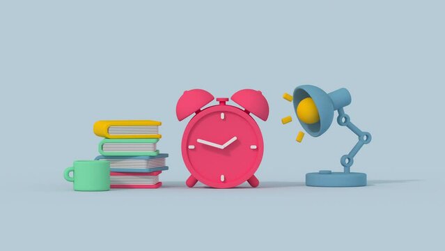 Minimal cartoony books and clock. Reading and work concept. 3D render animation