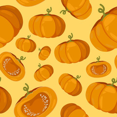 Vector seamless pattern with many cute pumpkins. Whole and cutaway vegetables. Decorative art element for Thanksgiving, Halloween celebration layout design. Bright big orange fruit. Harvest festival.