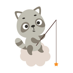 Cute little raccoon fishing star on cloud. Cartoon animal character for kids t-shirt, nursery decoration, baby shower, greeting cards, invitations, house interior. Vector stock illustration