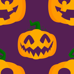 Seamless Halloween pattern with Jack O' Lantern Pumpkin. Vector background, wrapping paper, invitations, greeting cards. Template for advertising, web, social media.