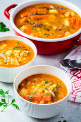 Beef meat slow-cooked soup with carrot, potato, corn and sweet potato. Winter comfort food concept.