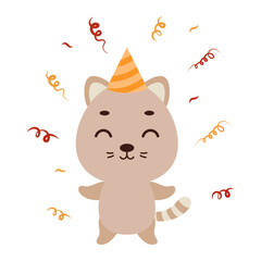 Cute little cat in birthday hat on white background. Cartoon animal character for kids t-shirt, nursery decoration, baby shower, greeting card, house interior. Vector stock illustration