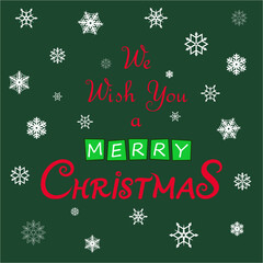 Fototapeta na wymiar Greeting card with white snowflakes on green background. Merry Christmas handwritten template. Winter holidays related typographic quote. Xmas, vector illustration