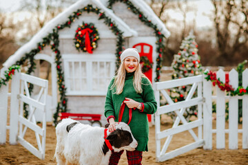 Blond lady in green winter sweater and hat posing with small bull against Christmas ranch with decorations. Holiday concept
