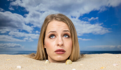 Fototapeta na wymiar Woman buried in sand on beach