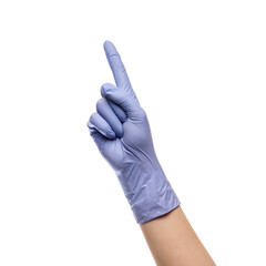Gesture number one hand with latex glove on white isolated background.