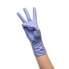 Gesture number three hand with latex glove on white isolated background.