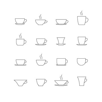 Set of linear coffee cups icons. Tea cups. Vector illustration. 