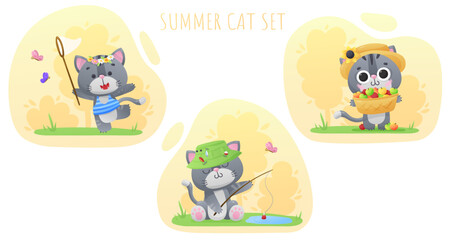 Set of summer posters with cute gray cat fishing, catching fish, with harvest of apples, butterfly net on yellow background. Vector illustration for postcard, banner, web, design, arts, calendar.