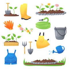 Set of  gardening Tools, items, blue watering can, green sprouts, shovel, rake, apron, bucket, hose, flower bed, gloves, wooden box, boots isolated on white background. Vector illustration  © vector zėfirkã