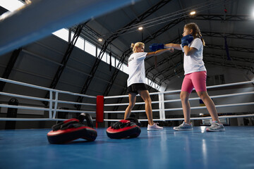 Two athletes, little girl, beginner kickboxer training with female coach at sports gym, indoors....