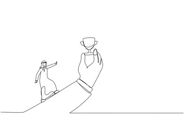 Illustration of arab man run with full effort to reach trophy cup in giant hand. Metaphor for motivation to achieve goal, small win to motivate employee. One line style art