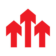 Three red arrows up icon. Upload symbol. Upgrade sign. Growth symbol. Creative project start, business advance, breakthrough sign. Fast growth symbol. Speed, grow up, increase isolated on white.