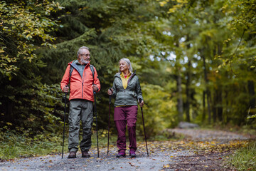 Happy senior couple hiking in autumn forest.