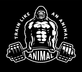 Gorilla with a barbell in his hands. Bodybuilding and fitness logo a dark background. Vector illustration.