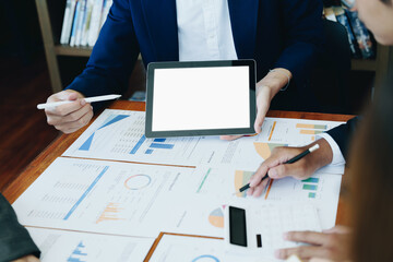 business group people meet and discuss to plan a marketing strategy and come to a conclusion on how...