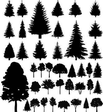 set of christmas trees and trees silhouette design isolated vector