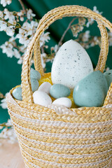 Easter eggs in a wicker basket on the background blossoming plum branches. Easter concept.
