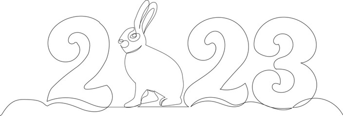 2023 with rabbit one continuous line drawing, vector