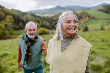 Fototapeta premium Portrait of happy senior couple walking in autumn meadow.