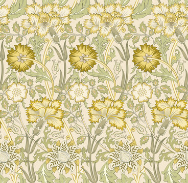 Floral seamless pattern with flowers on light beige background. Vector illustration.