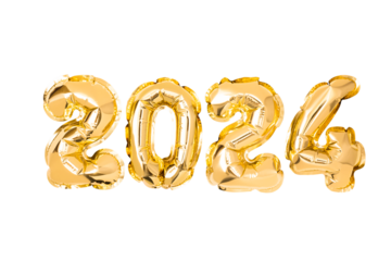 Gold foil balloons numeral 2024. Happy new year holiday. Numbers and golden decoration holiday isolated on white background. Full Depth of field. 