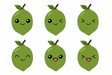 Vector illustration of cute lime cartoon character isolated on white background. Fruit cartoon set with kawaii smiling emoji.