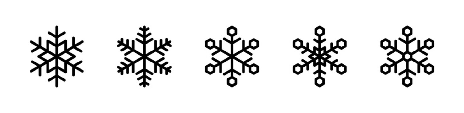 Set of snowflake outline icons isolated on white background. Decorative elements for Christmas and New Year design. Vector graphics