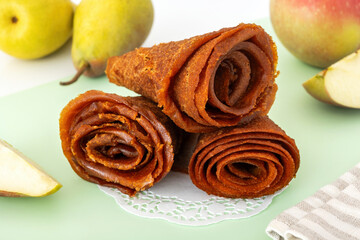 Apples and pears pastille. Homemade fruit leather. Sweet vegan snack for healthy diet.