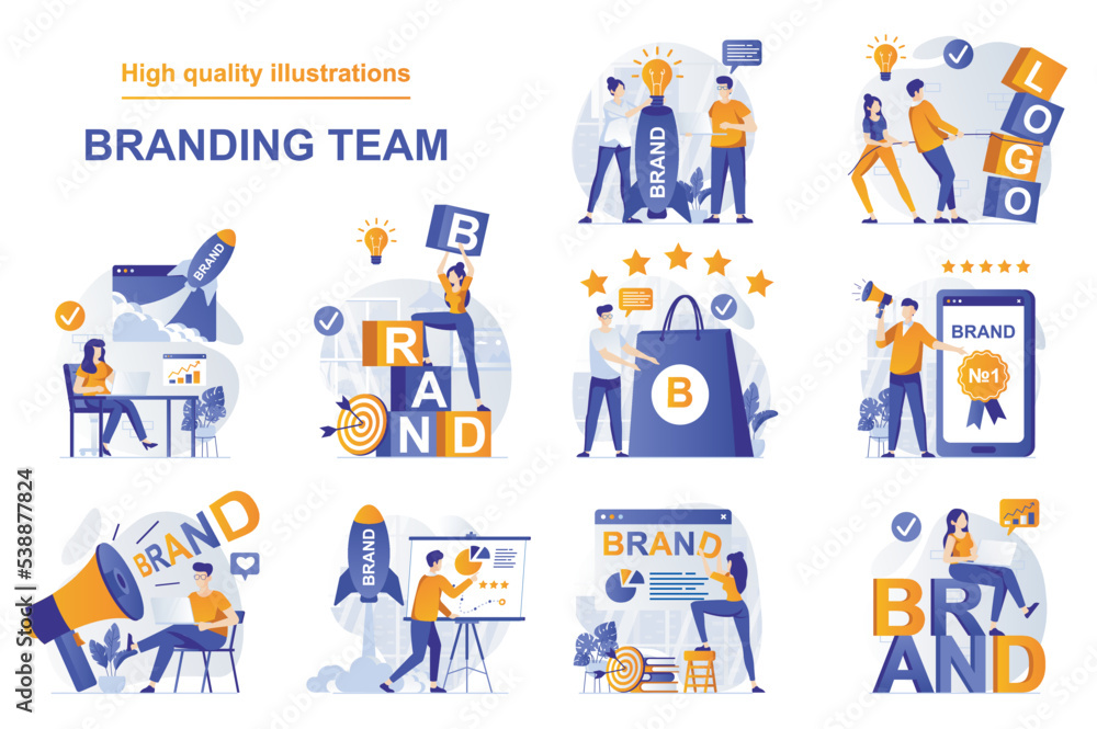 Poster branding team web concept with people scenes set in flat style. bundle of new brand building for bus