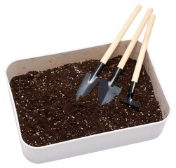 plastic box with substrate soil for transplanting houseplants isolated